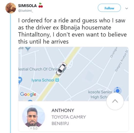 Lady Surprised To See BBNaija's Thintalltony As The Driver Of The Taxi She Ordered