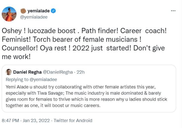  Yemi Alade replies man