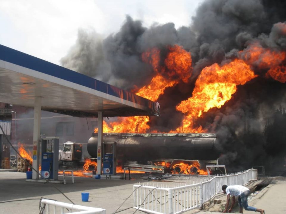 Pic 5 A tanker burning at a filling station in Mushin, Lagos Sta