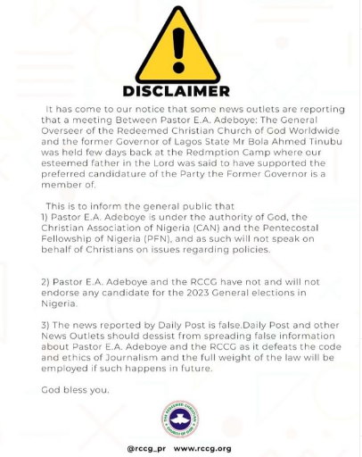 RCCG statement on Tinubu