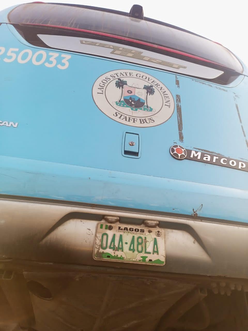 May be an image of text that says "50033 AN LAGOS STATE GOVERNMENT STAFF STAFFB BUS 오 Marcop Marcop LAGOS LAGOS 04A 04A-48LA 48LA"