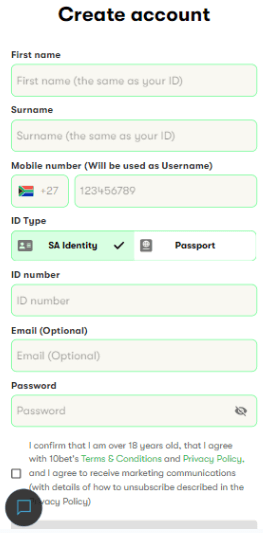 10bet registration form