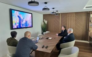 Benjamin Netanyahu and Elon Musk watch footage from Hamas atrocities on October 7, during a meeting on November 27, 2023. Photo Credit: Amos Ben Gershom/GPO)