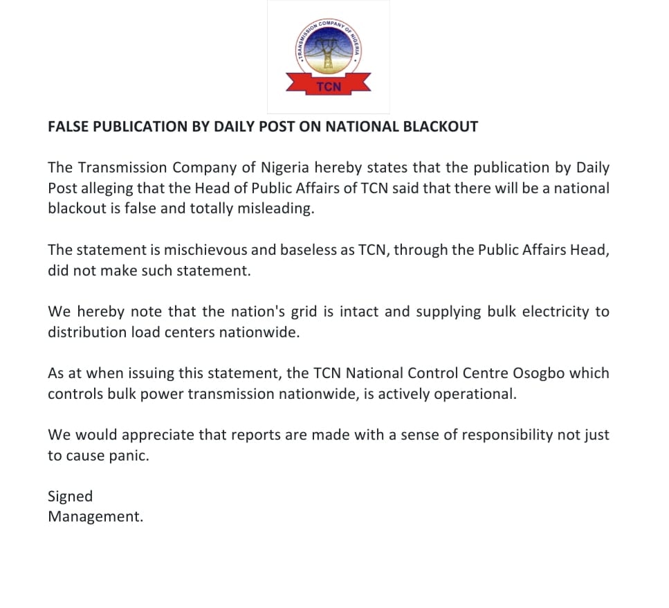 As workers commenced a nationwide indefinite strike on Tuesday, the Transmission Company of Nigeria has said there is no truth in a media report about a looming national blackout. 