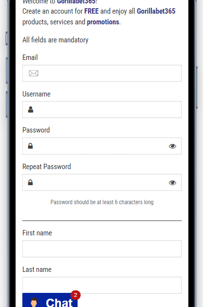 gorillabet365 mobile registration form