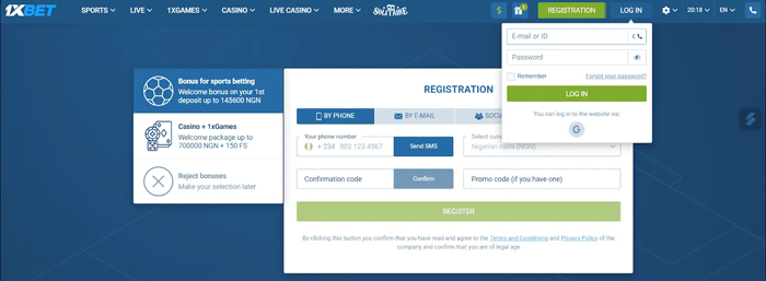 1xBet Login Desktop