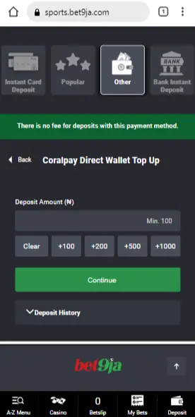 coralpay deposit bet9ja